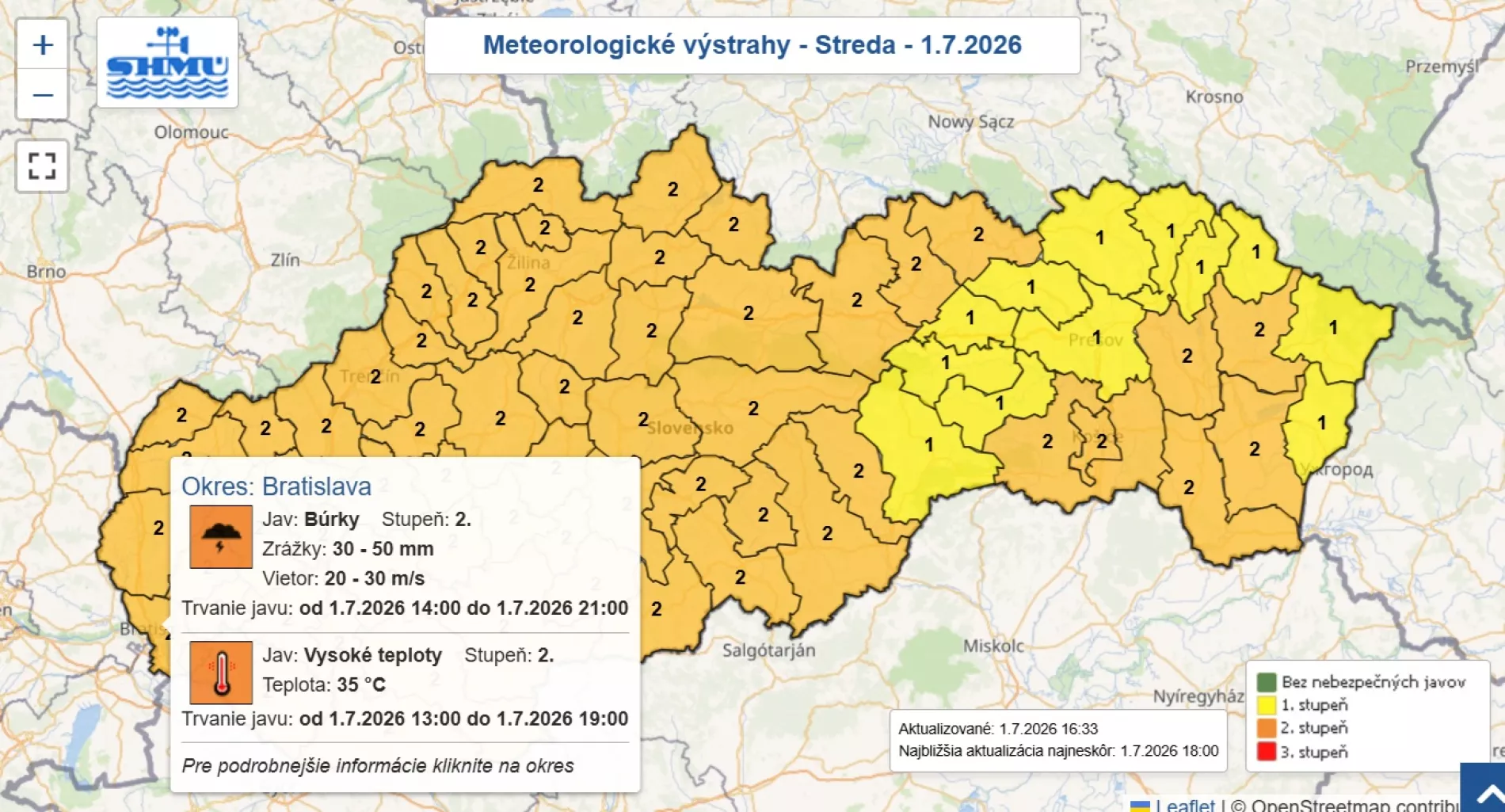 SHMÚ zvýšil výstrahu pred búrkami na dnešný večer na 2. stupeň