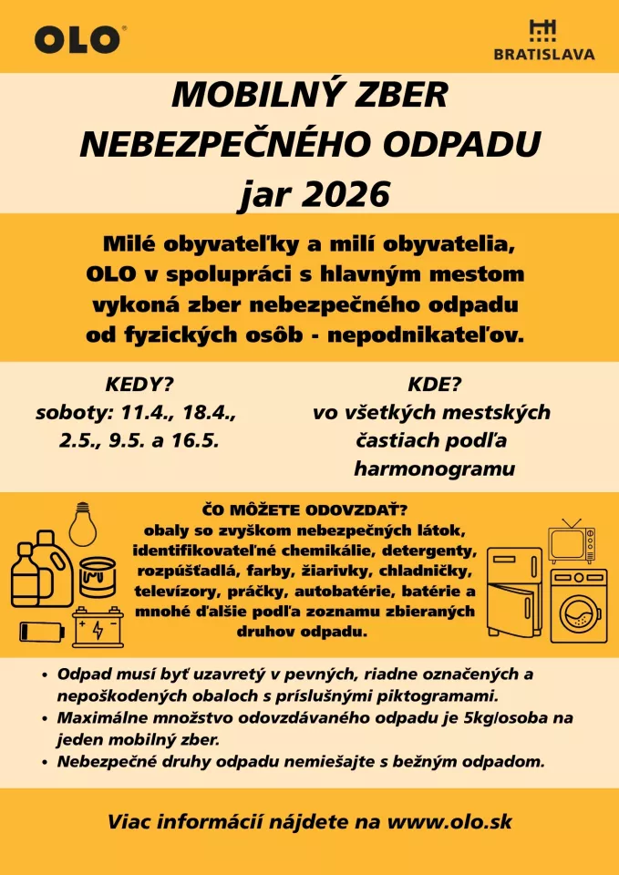 Mobilný zber nebezpečných odpadov z domácností apríl–máj 2026