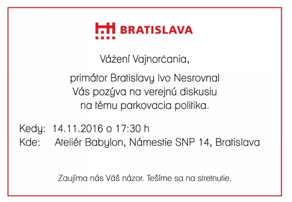 Verejná diskusia na tému "Parkovacia politika" s primátorom 14.11.2016