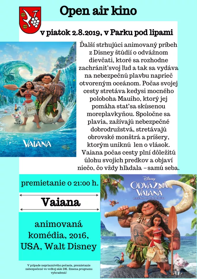Letné kino: Vaiana 2. augusta 2019